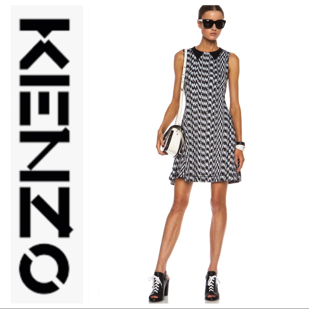 💕SALE💕Kenzo Wool Black White Noise Collar Dress - Picture 1 of 11